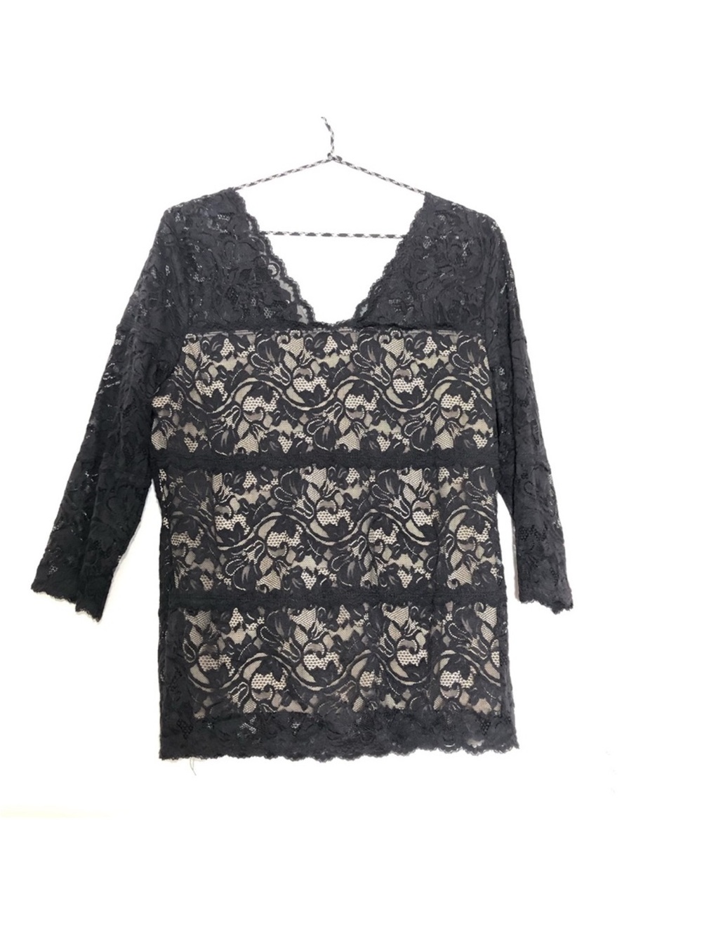 Soft Surroundings Black Lace V-Neck Blouse with Nude Lining